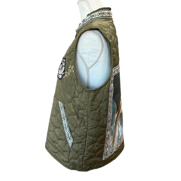 Lesal Upcycled Quilted Vest 2XL Olive Green Eagle Owl Beaded Bee Tapestry - Picture 4 of 8